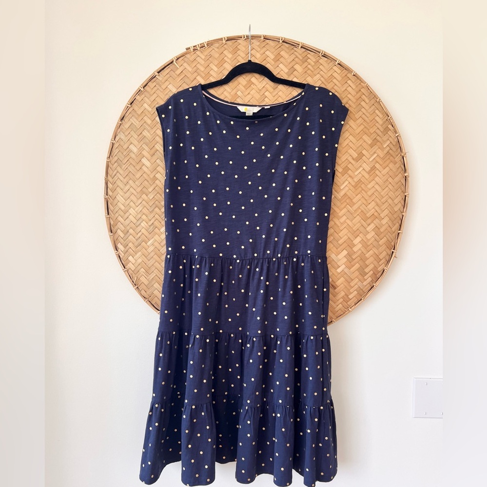STYLISH BODEN ROMAINE SLEEVELESS DRESS BLUE W/ GOLD POLKA DOTS TIERED SKIRT EUC - Picture 7 of 15